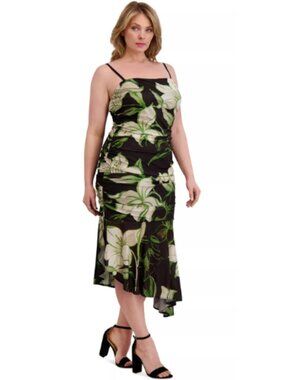 Siena Black Green Floral Asymmetric Formal Event Dress Size 1X